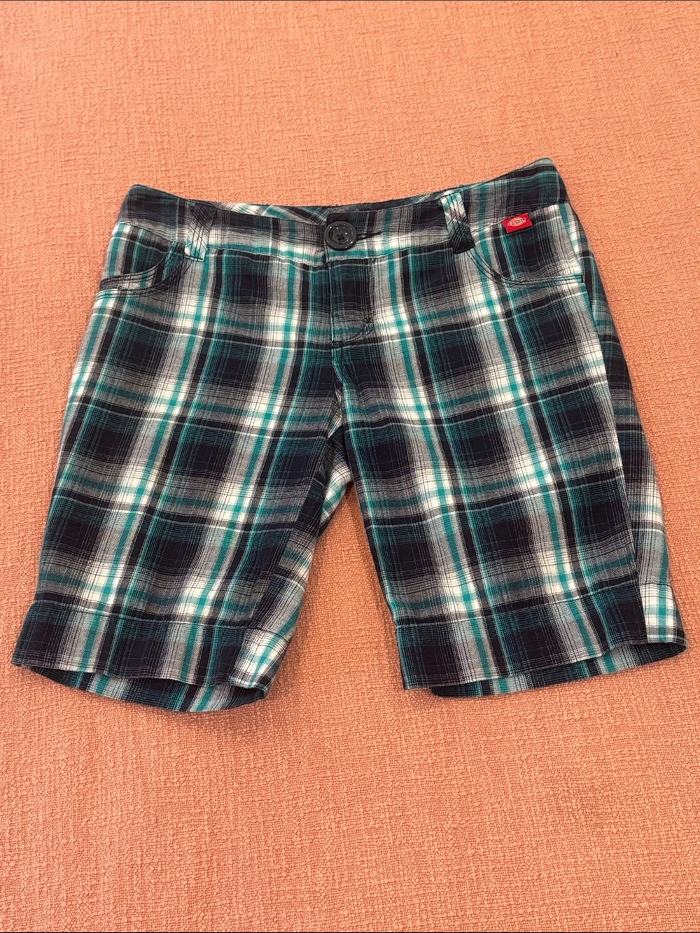Dickies Women's Teal, Black & White Plaid Bermuda Shorts